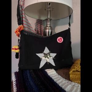 Handmade Denim 2 sided Star Shoulder Bag. 100% Recycled. Denim, Crochet